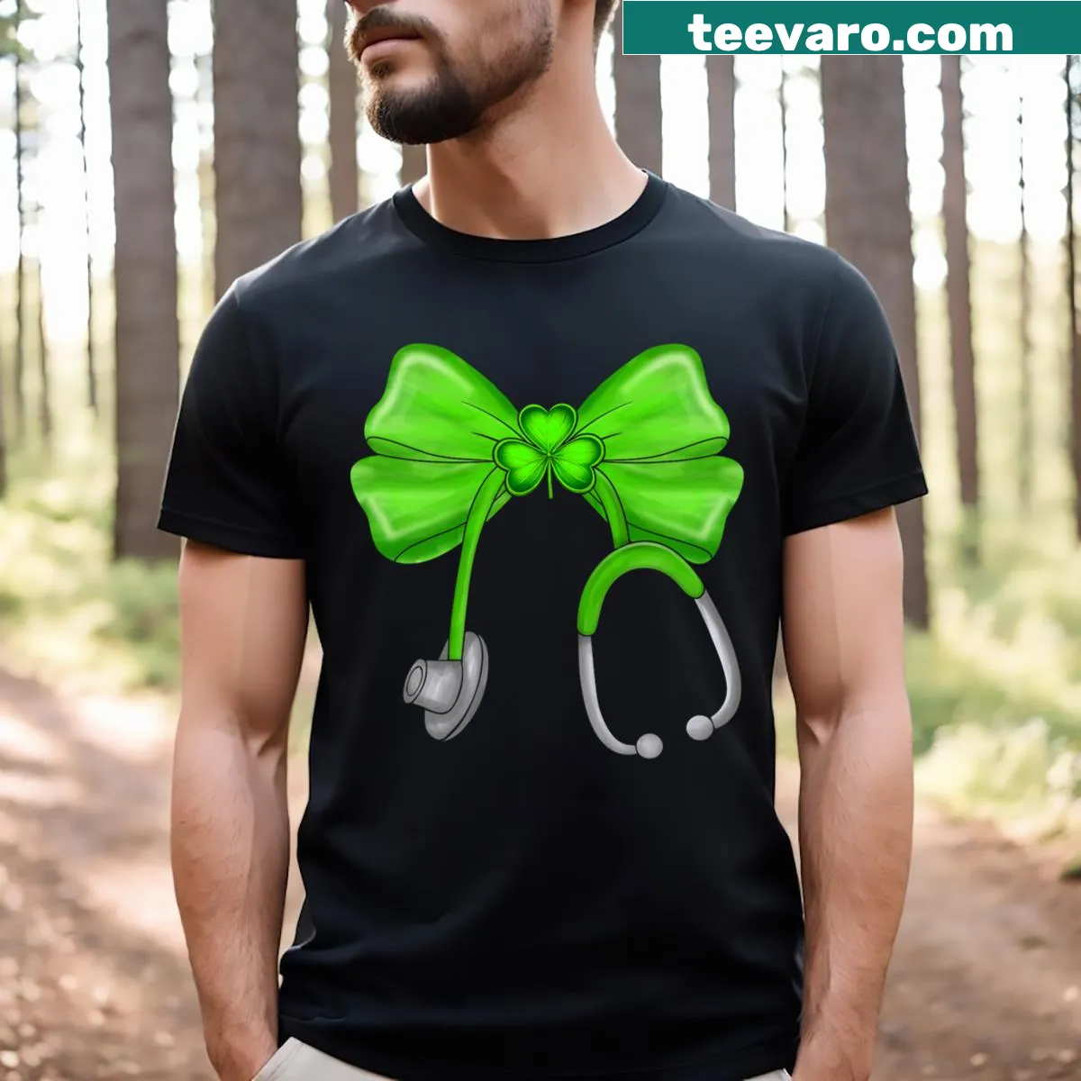 Scrub top design with shamrock bow for St. Patrick's Day — on a men's t-shirt