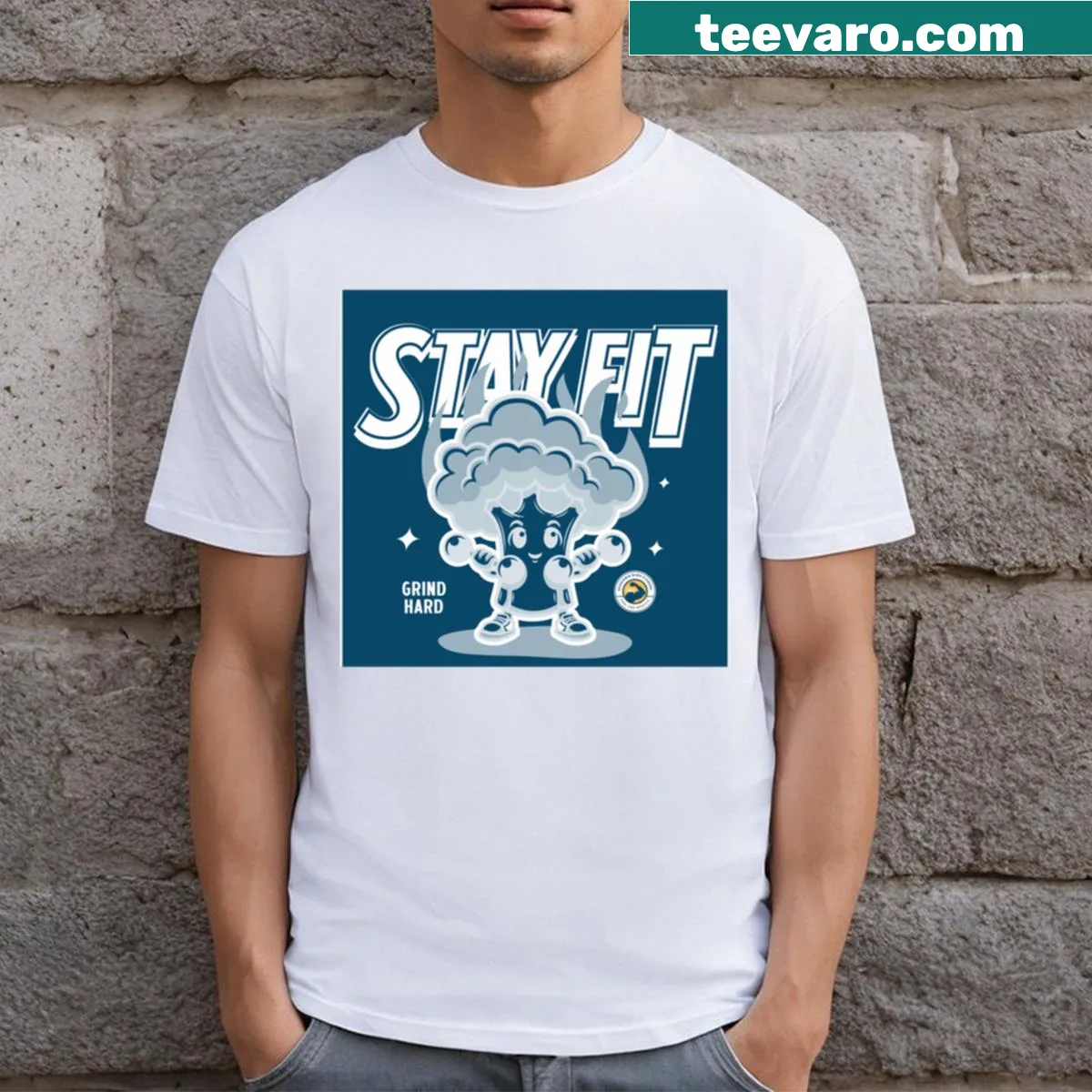 T-shirt featuring a graphic of assorted vegetables promoting fitness — on a men's t-shirt