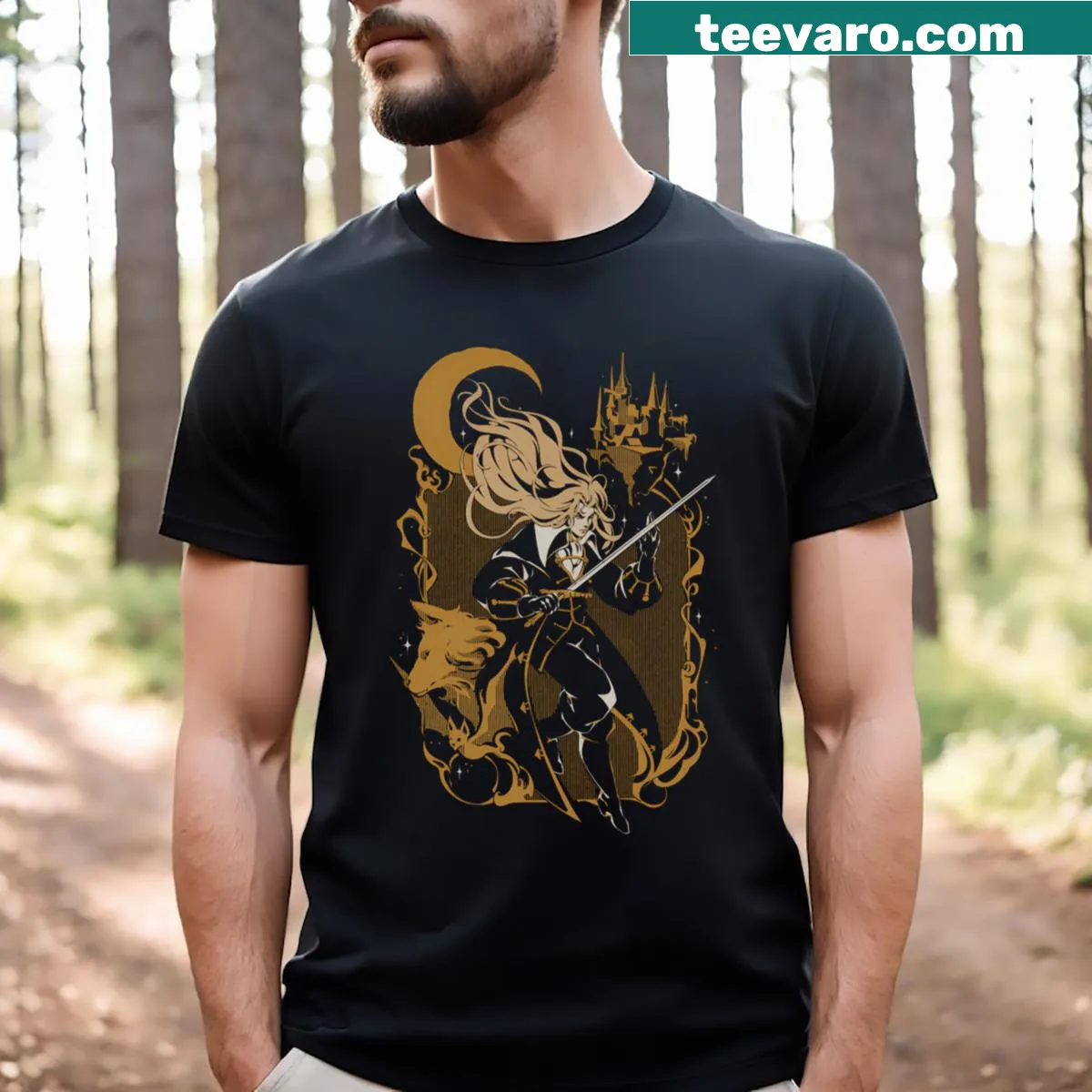 Illustrative vampire-themed t-shirt with musical elements — on a men's t-shirt
