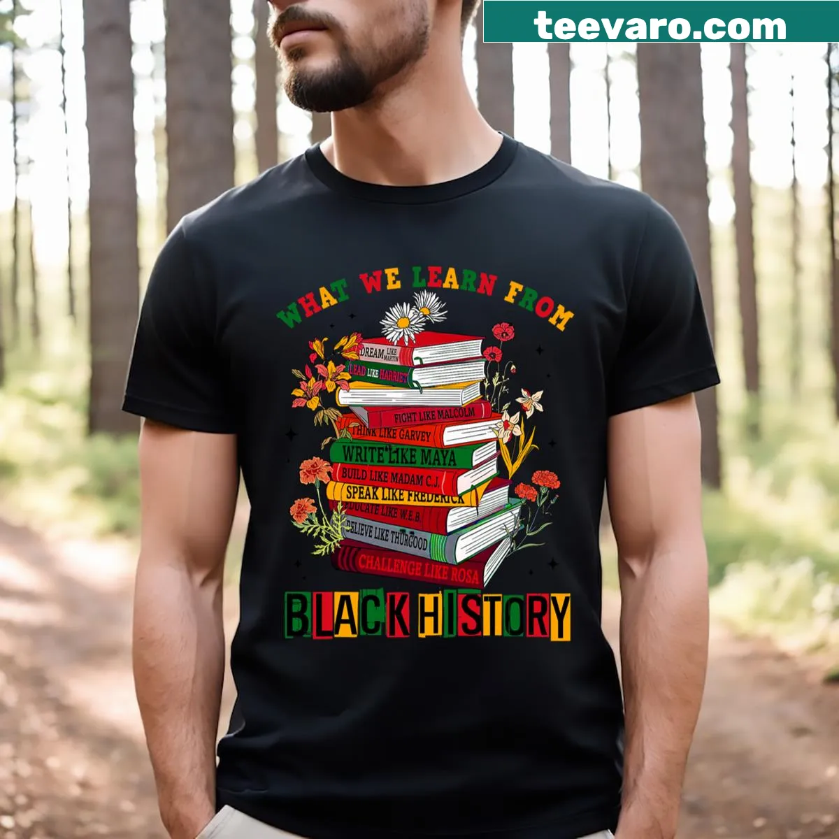 Illustrative t-shirt honoring Black history leaders for teachers — on a men's t-shirt