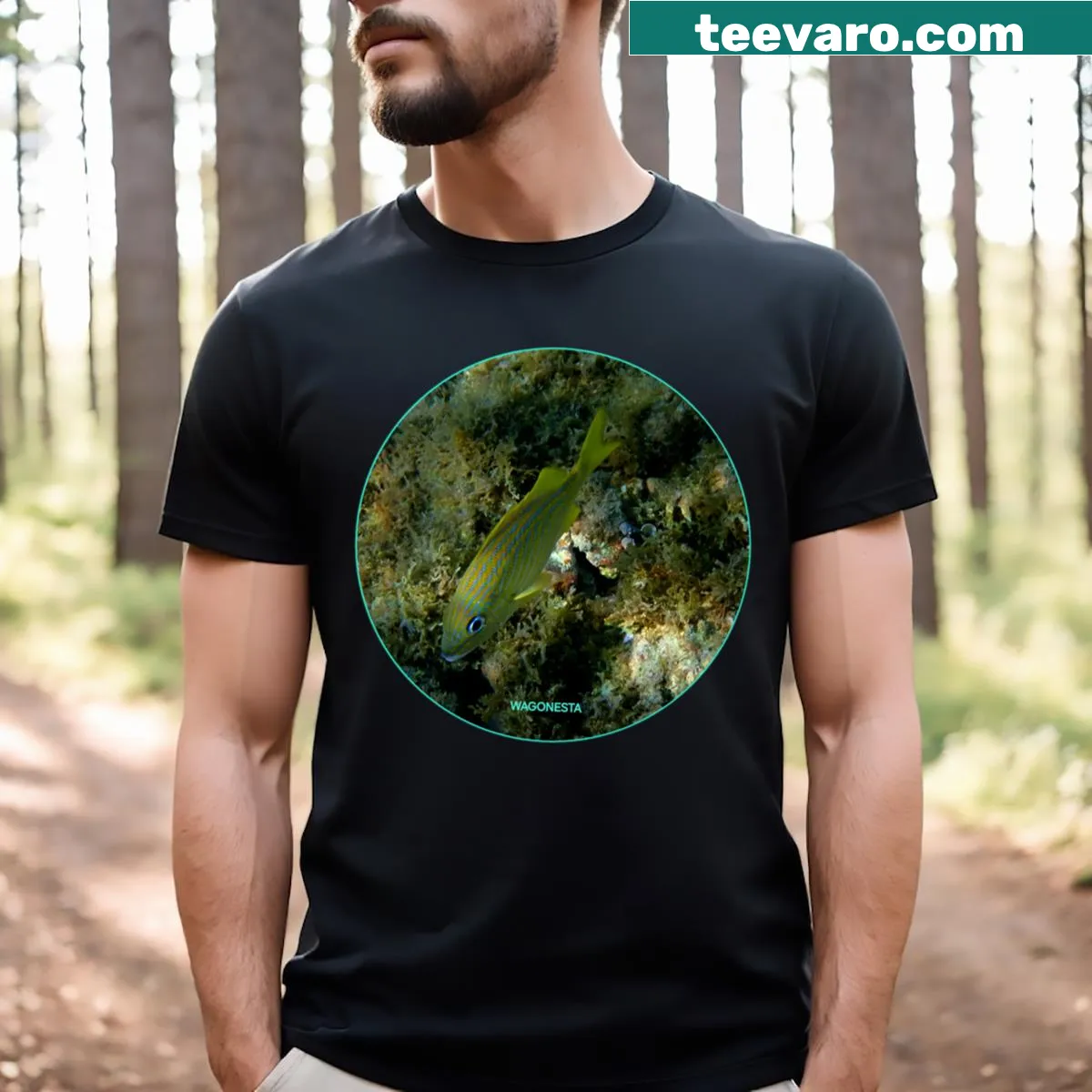 T-shirt featuring realistic illustration of Bluestriped Grunt fish — on a men's t-shirt