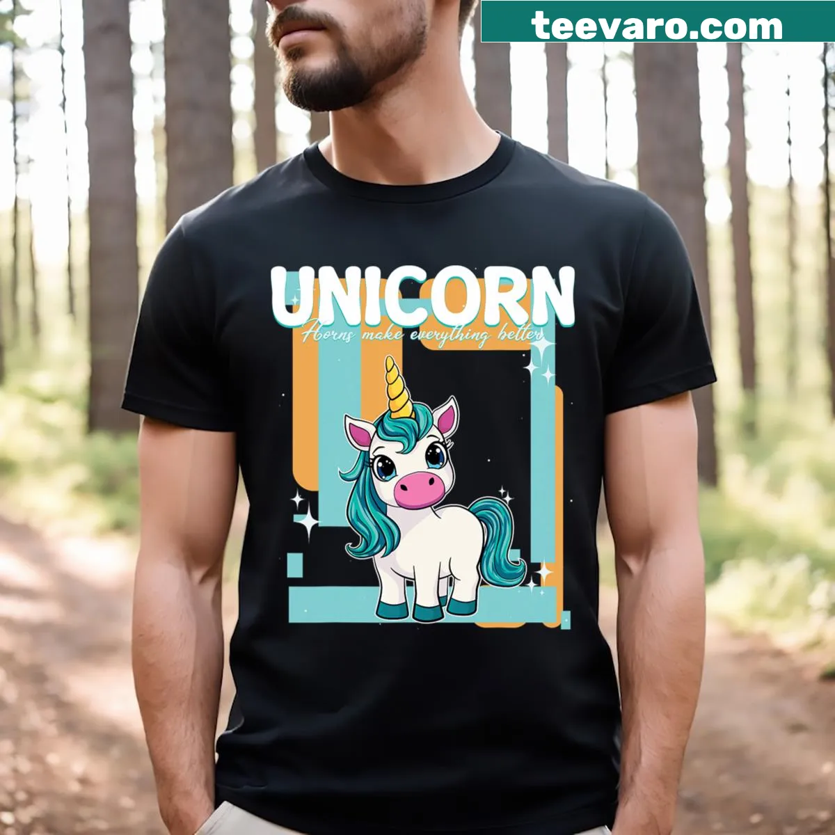 Unicorn T-shirt with whimsical unicorn horns and uplifting phrase — on a men's t-shirt