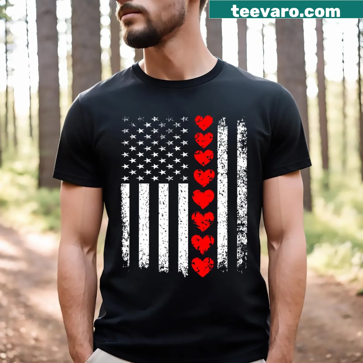 Vintage-style T-shirt with hearts and American flag for Valentine's Day. — on a men's t-shirt
