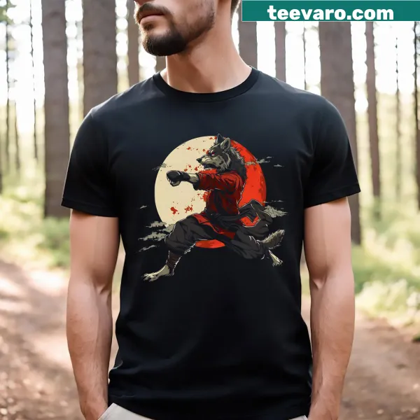 Illustration of a wolf howling at the moon on a men's t-shirt
