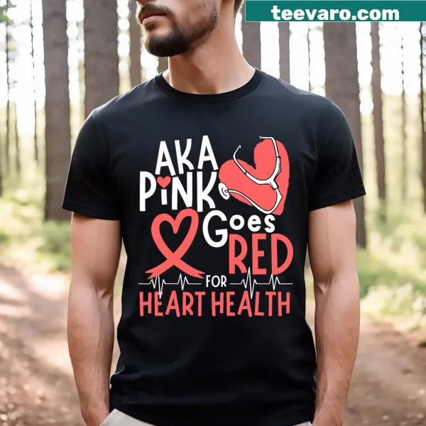 Illustrated t-shirt promoting heart health awareness with the phrase 'Pink Goes Red'