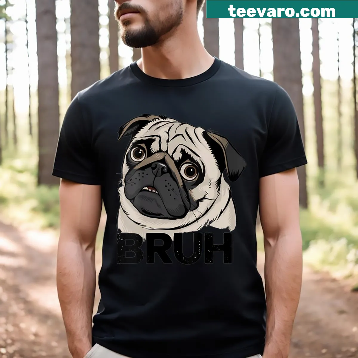 Funny V-neck t-shirt with the phrase 'Pug Bruh' for dog lovers — on a men's t-shirt