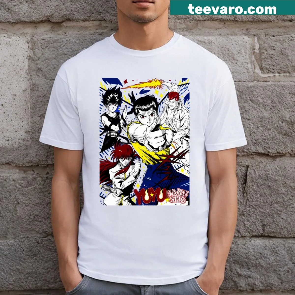 Anime T-shirt featuring Yusuke, Kuwabara, and Kurama characters — on a men's t-shirt