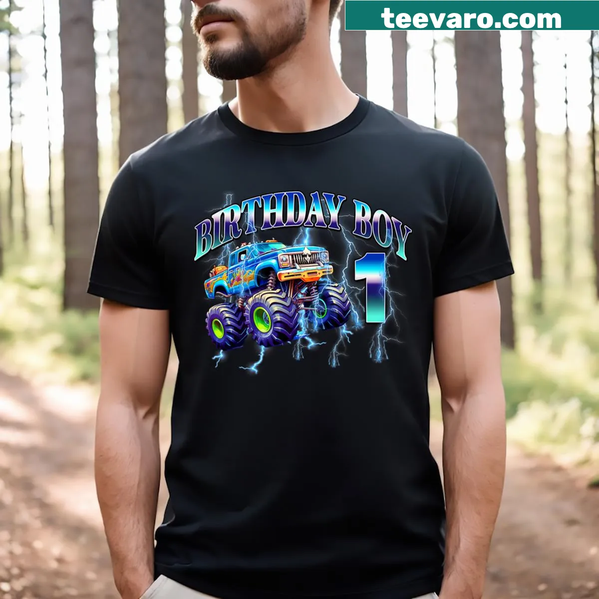 Cartoon monster truck design for a 1-year-old's birthday — on a men's t-shirt
