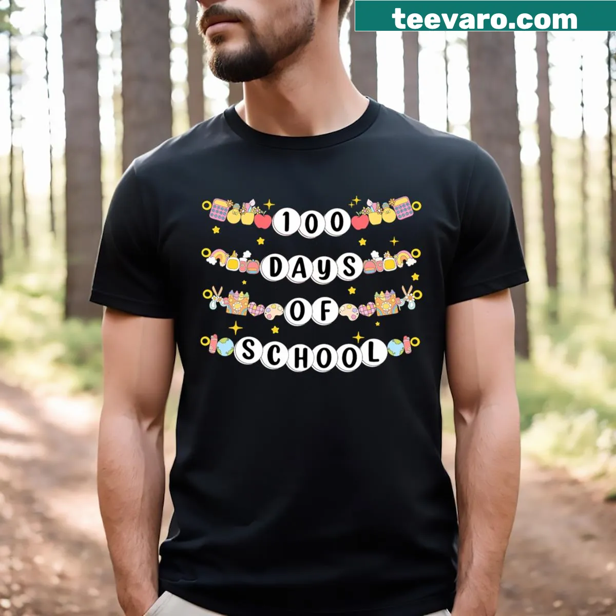 Graphic of colorful friendship bracelets celebrating 100 days of school — on a men's t-shirt