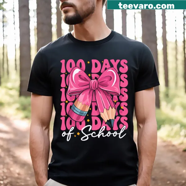 Coquette bow design on a 100 Days of School T-shirt