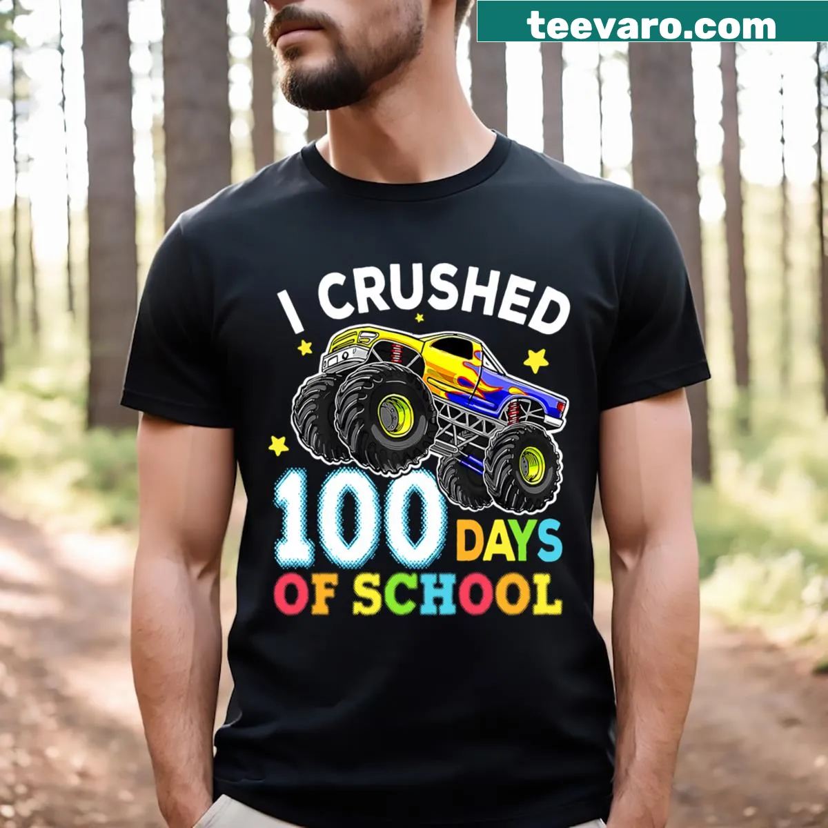 Monster truck graphic for 100 Days of School boys t-shirt — on a men's t-shirt