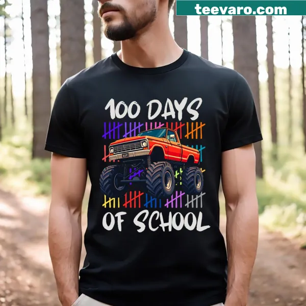 Monster truck graphic on a 100 Days of School T-shirt