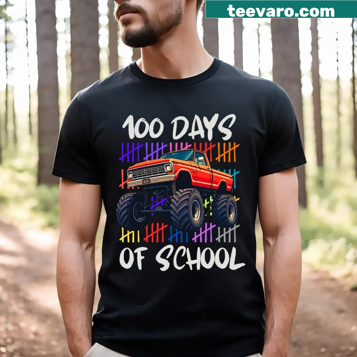 Monster truck graphic on a 100 Days of School T-shirt — on a men's t-shirt