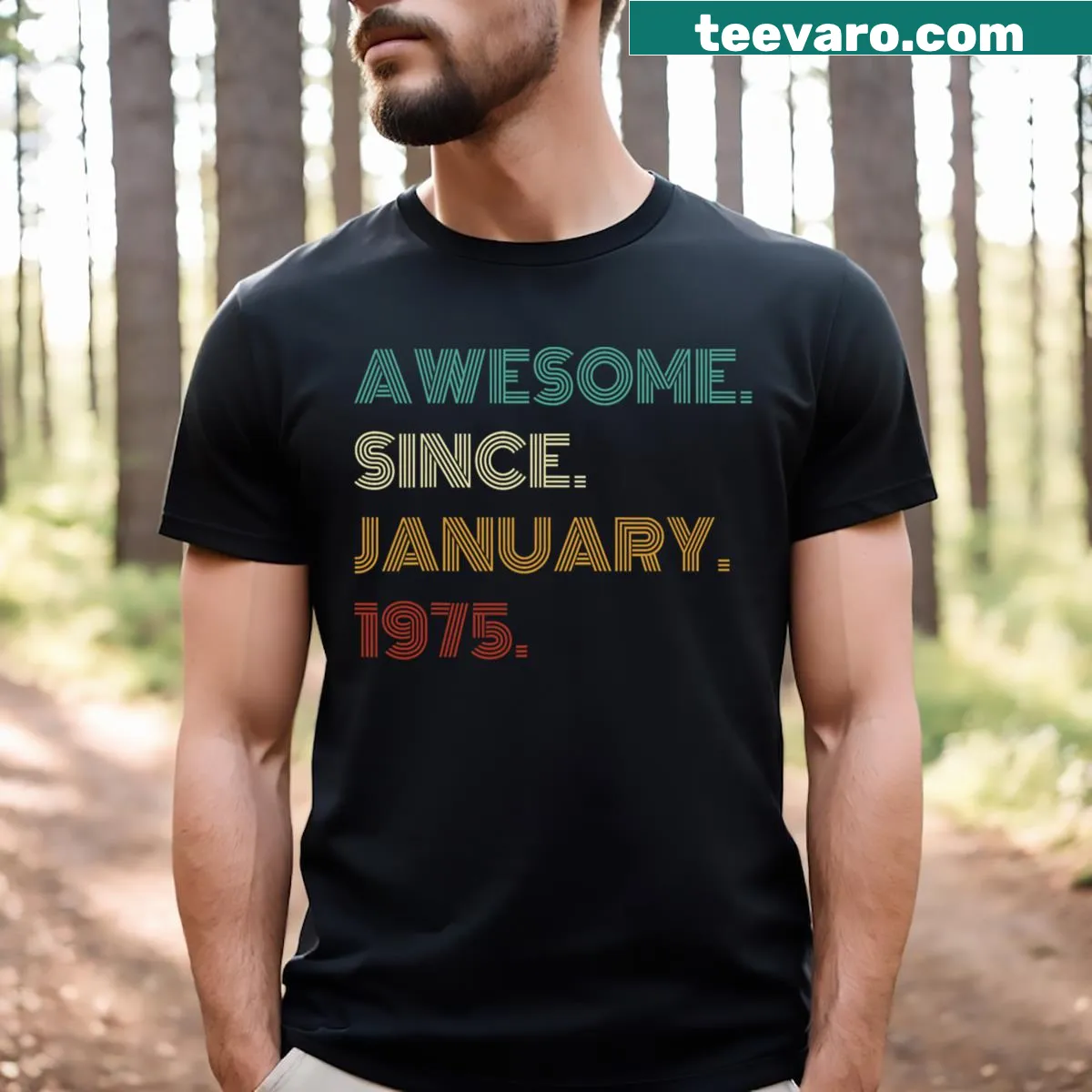 T-shirt celebrating 50 years since January 1975 with bold typography — on a men's t-shirt