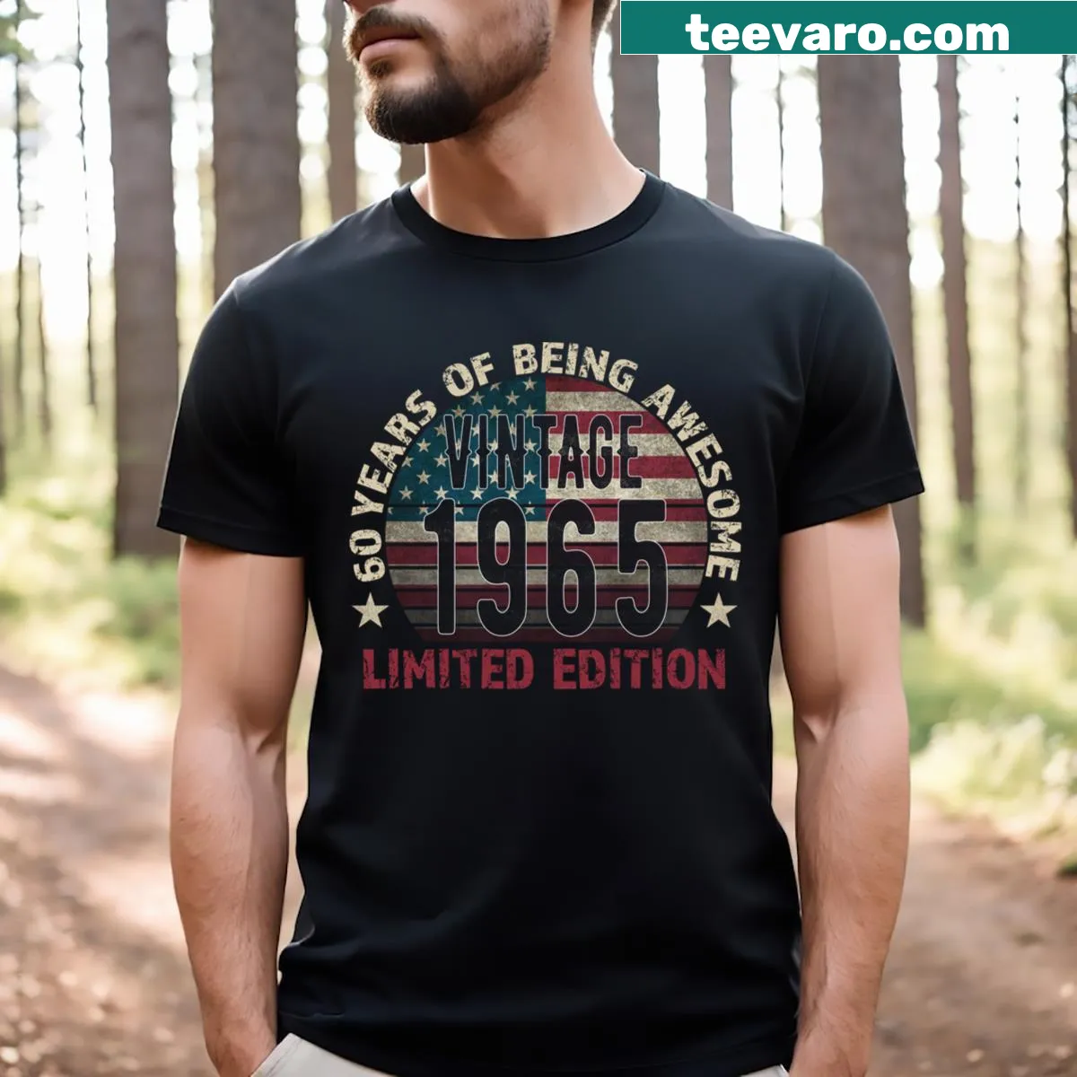 Vintage distressed T-shirt celebrating 60th birthday, featuring 'Born 1965' text — on a men's t-shirt
