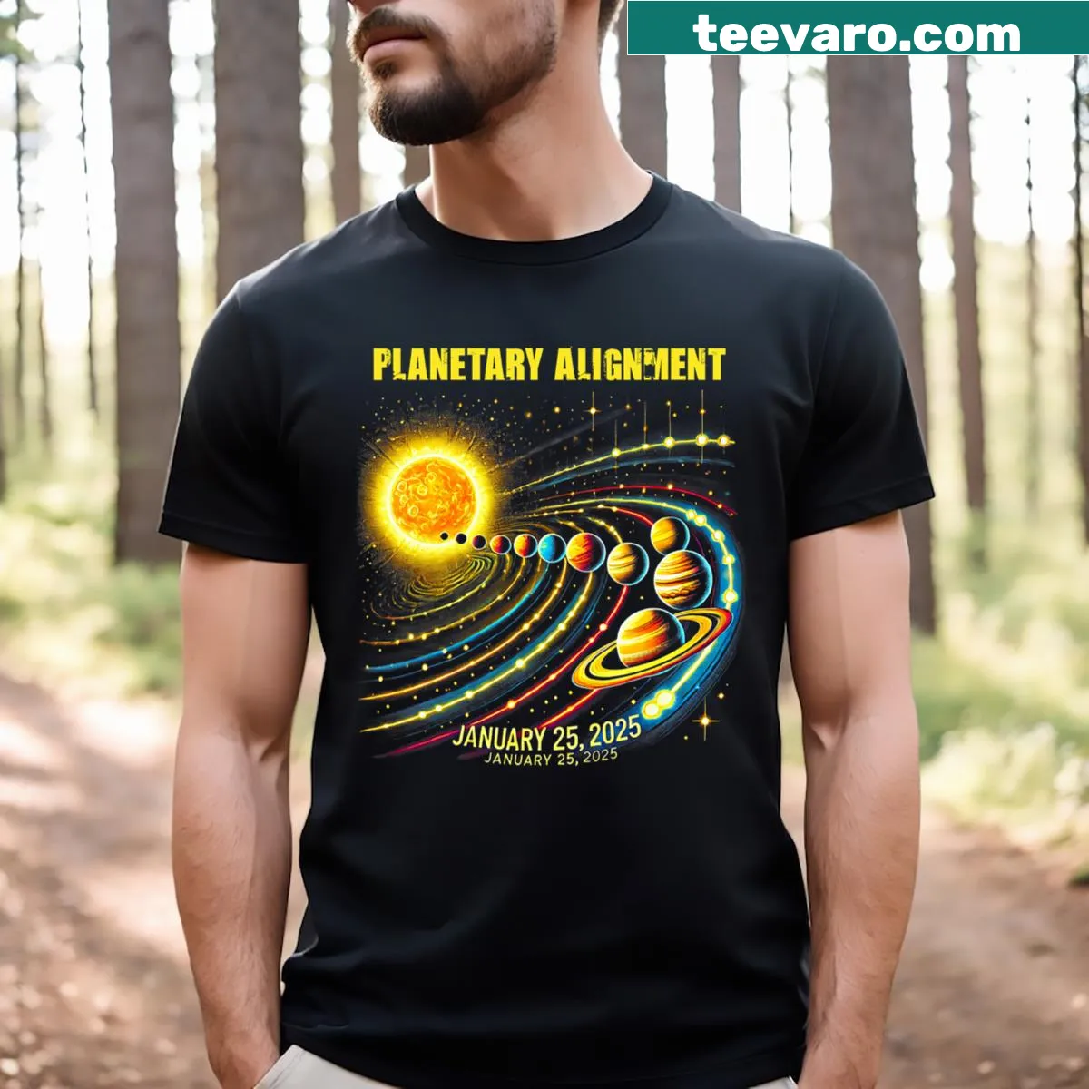 Graphic of seven aligned planets representing solar system alignment — on a men's t-shirt