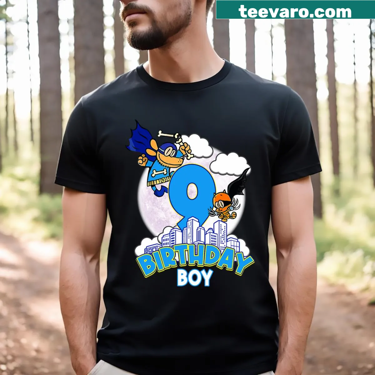Charming T-shirt with playful dog graphic for a 9-year-old boy — on a men's t-shirt