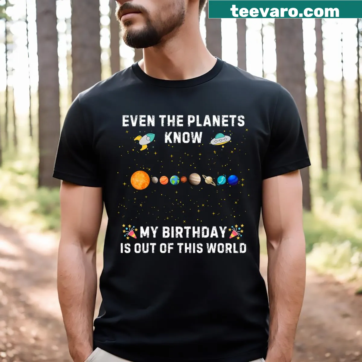 Funny graphic tee celebrating astrological planetary alignment — on a men's t-shirt