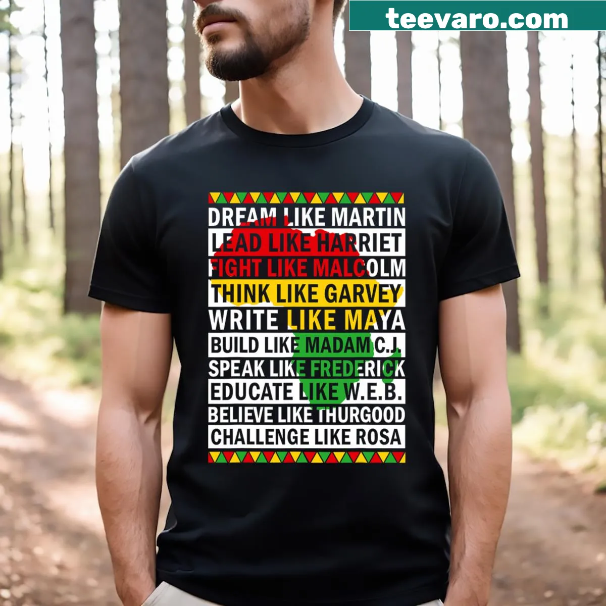 Inspirational T-shirt with 'Dream Like African Leaders' message — on a men's t-shirt