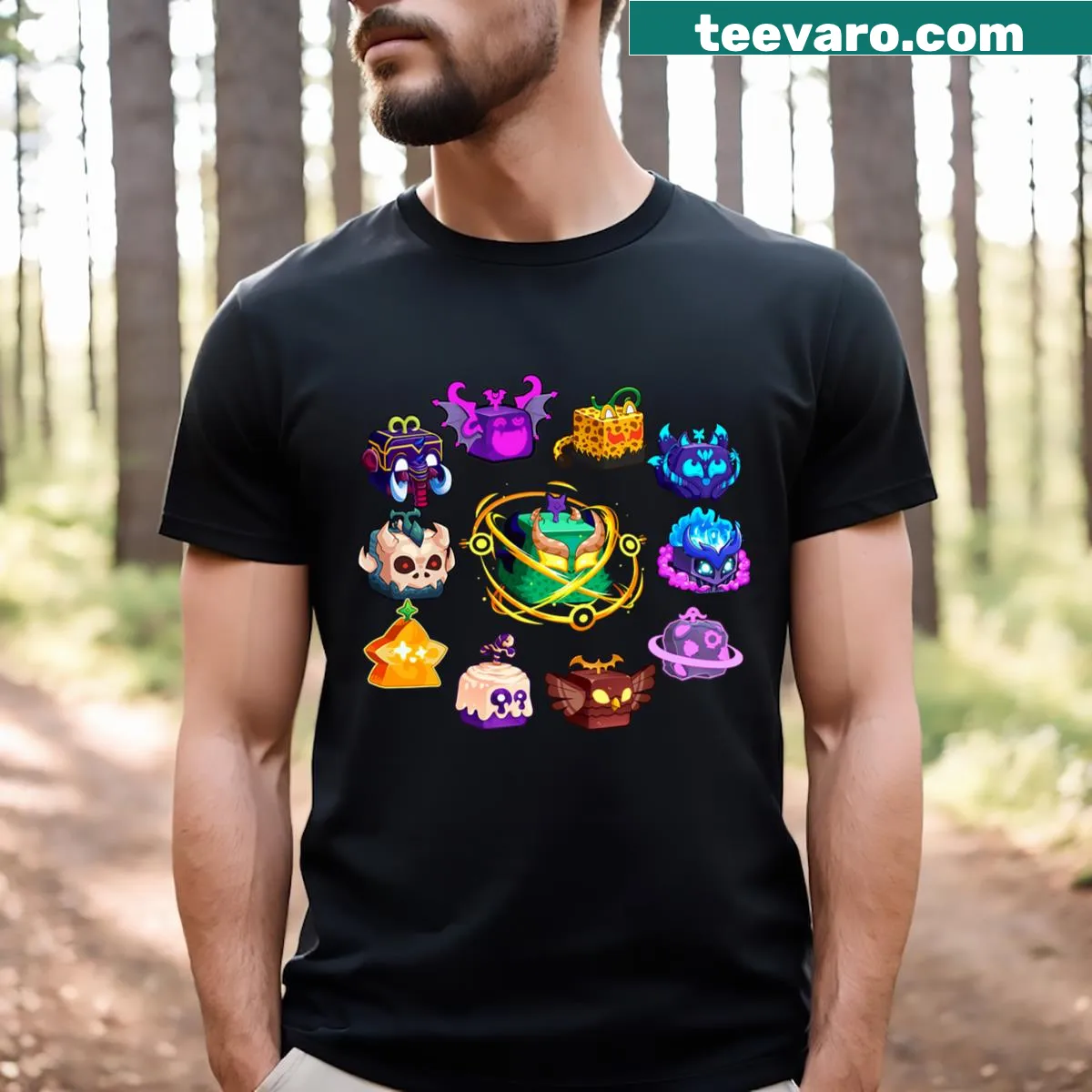 Gaming-themed T-shirt for kids featuring Blox Fruit graphics — on a men's t-shirt