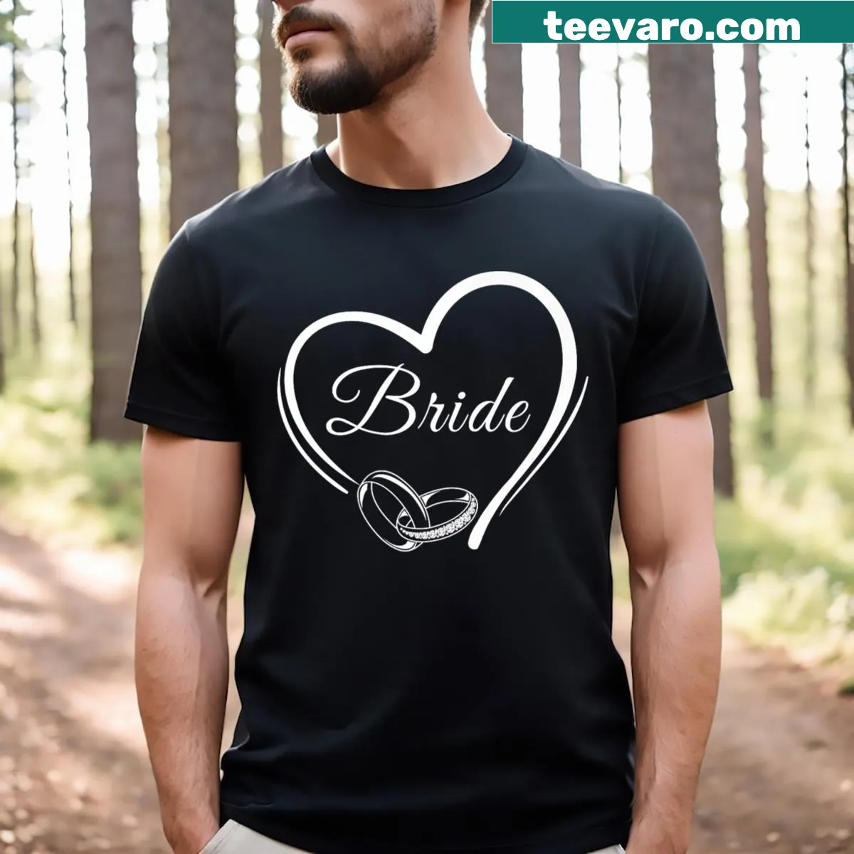 Illustration of a heart with wedding rings, symbolizing bride's love — on a men's t-shirt