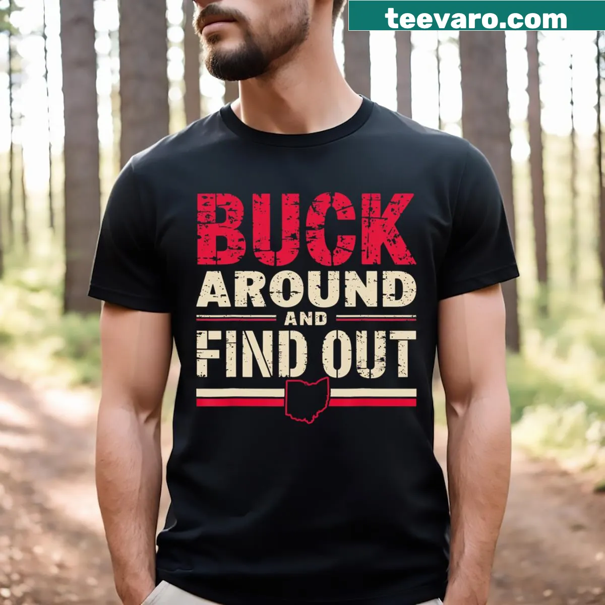Funny Ohio map T-shirt with humorous text — on a men's t-shirt