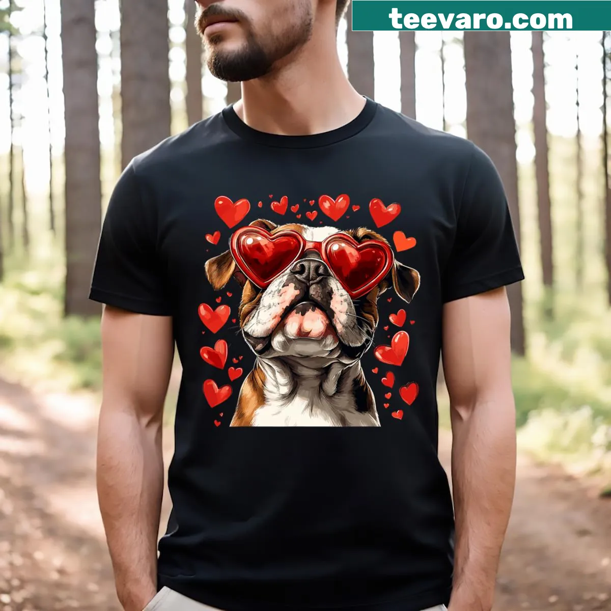 Cute bulldog t-shirt with heart glasses for Valentine's Day — on a men's t-shirt