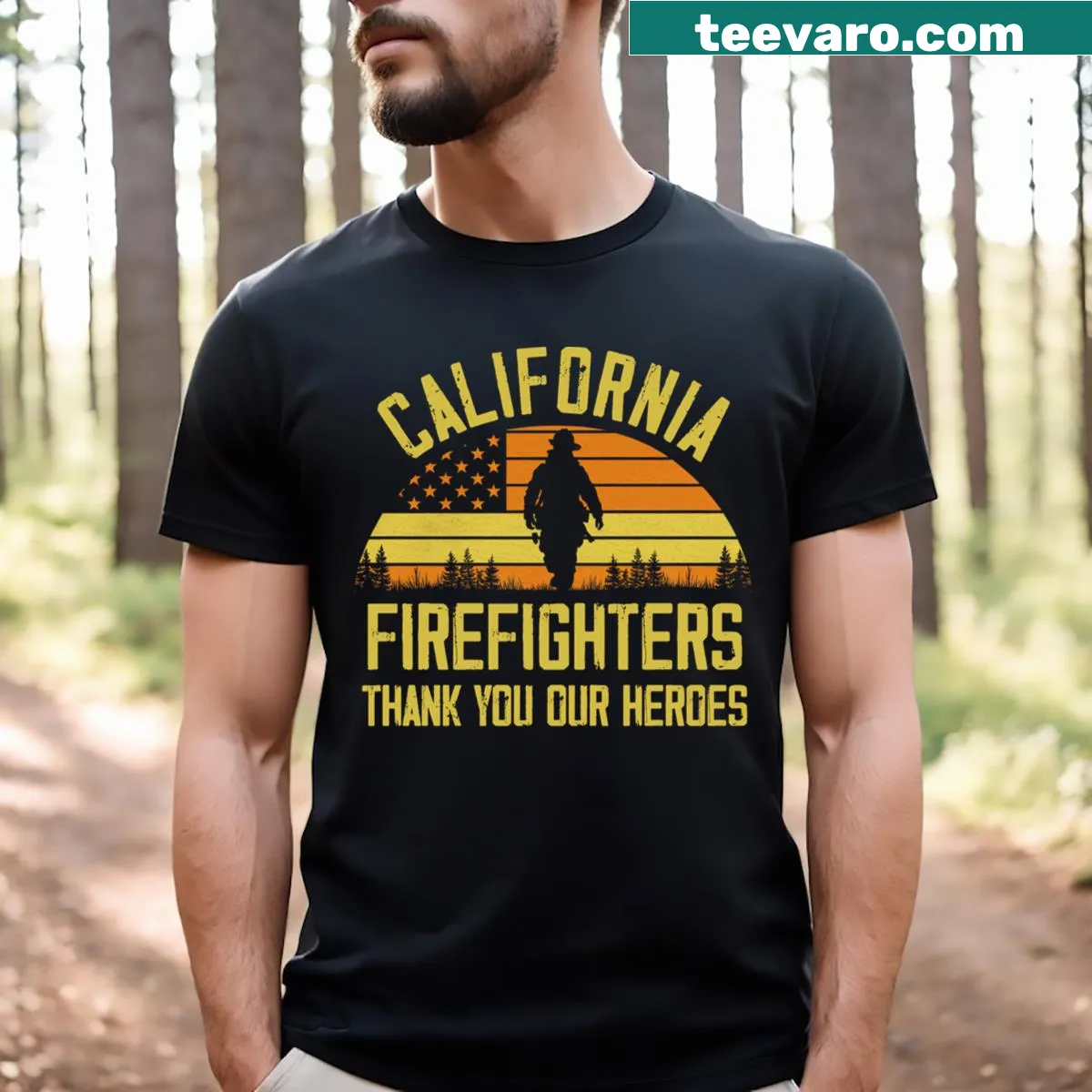 Illustrative design honoring California firefighters on T-shirt — on a men's t-shirt
