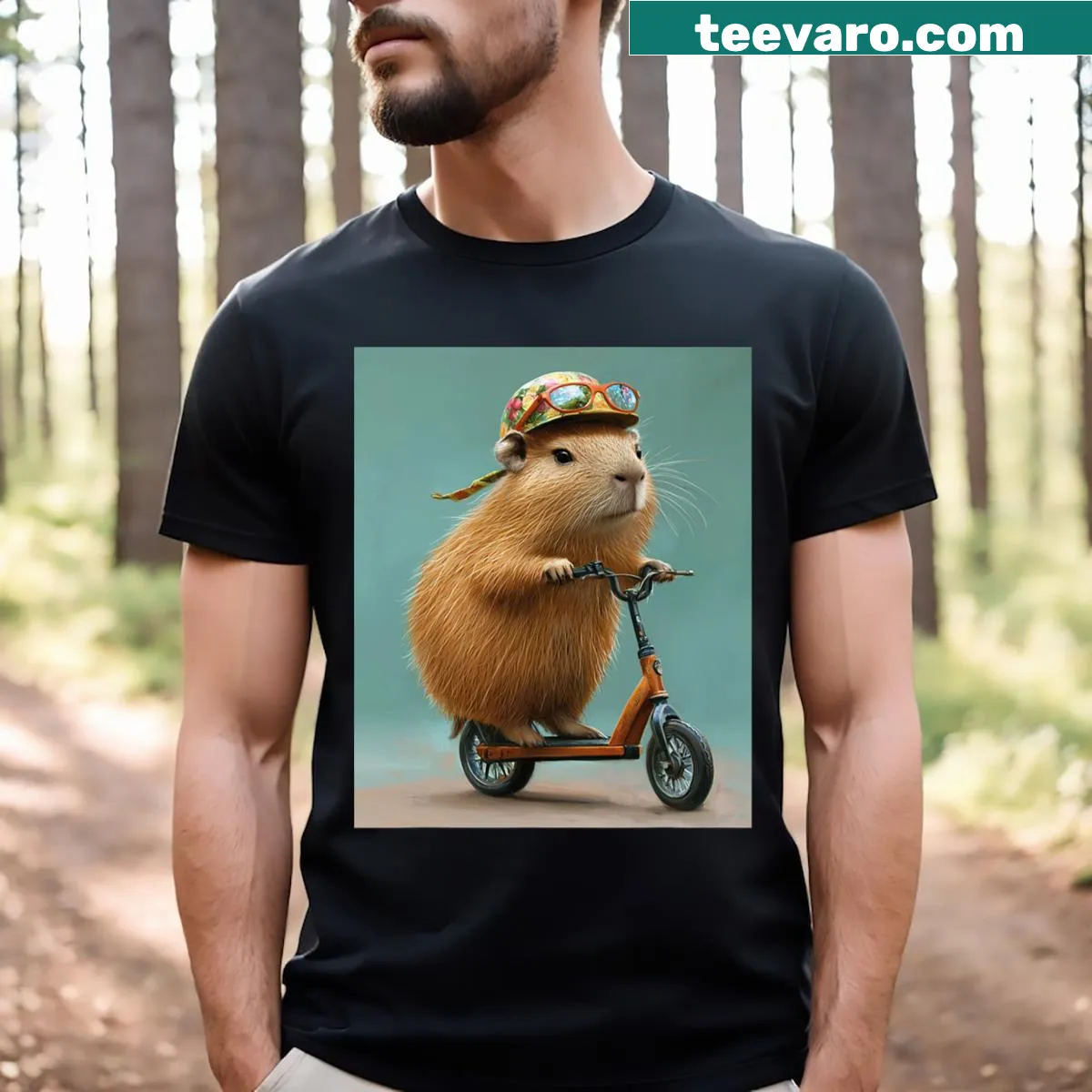 Funny capybara on a scooter wearing glasses graphic t-shirt — on a men's t-shirt