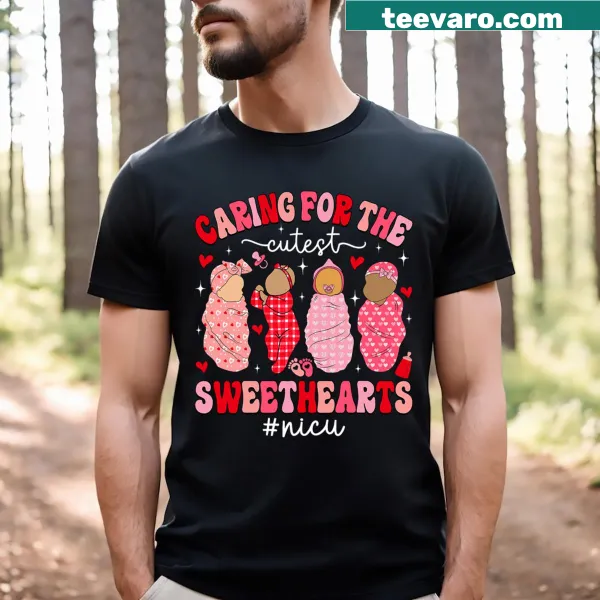Valentine's NICU nurse t-shirt featuring caring illustrations and text