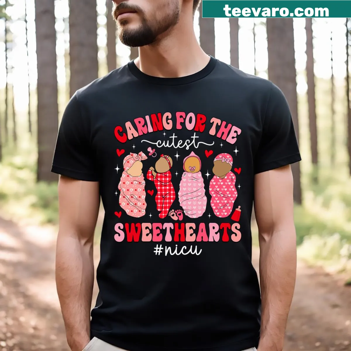 Valentine's NICU nurse t-shirt featuring caring illustrations and text — on a men's t-shirt