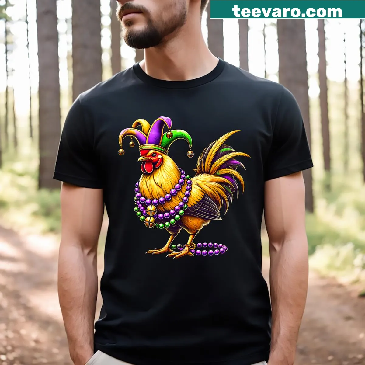 Mardi Gras t-shirt featuring chickens with beads — on a men's t-shirt