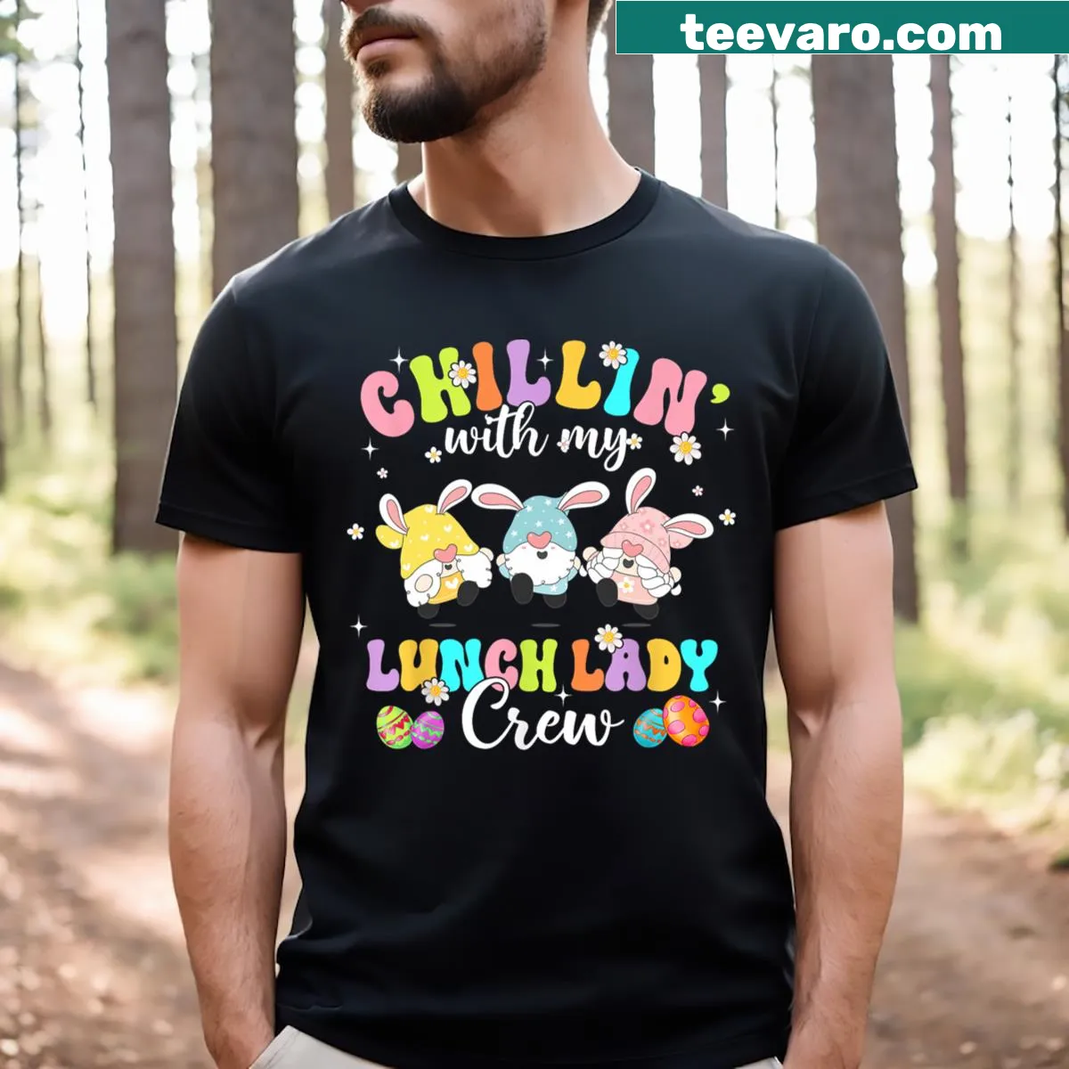 Easter shirt with cartoon gnomes holding treats — on a men's t-shirt