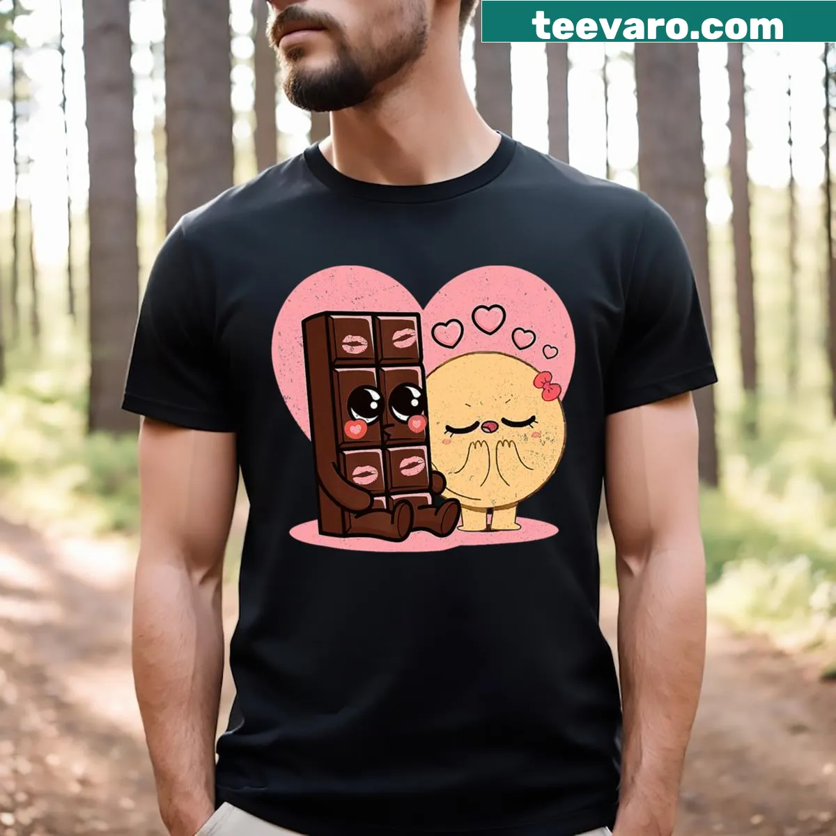 Couples shirt with chocolate and pancake illustrations — on a men's t-shirt