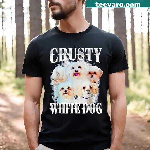 Funny T-shirt with cartoon of a crusty white dog