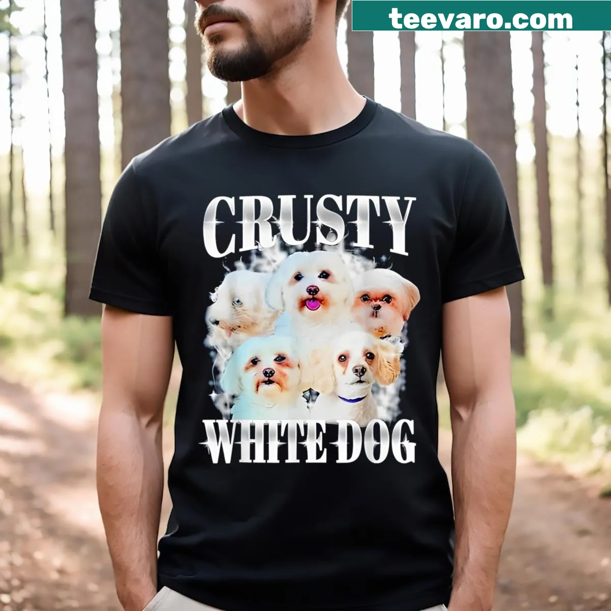 Funny T-shirt with cartoon of a crusty white dog — on a men's t-shirt
