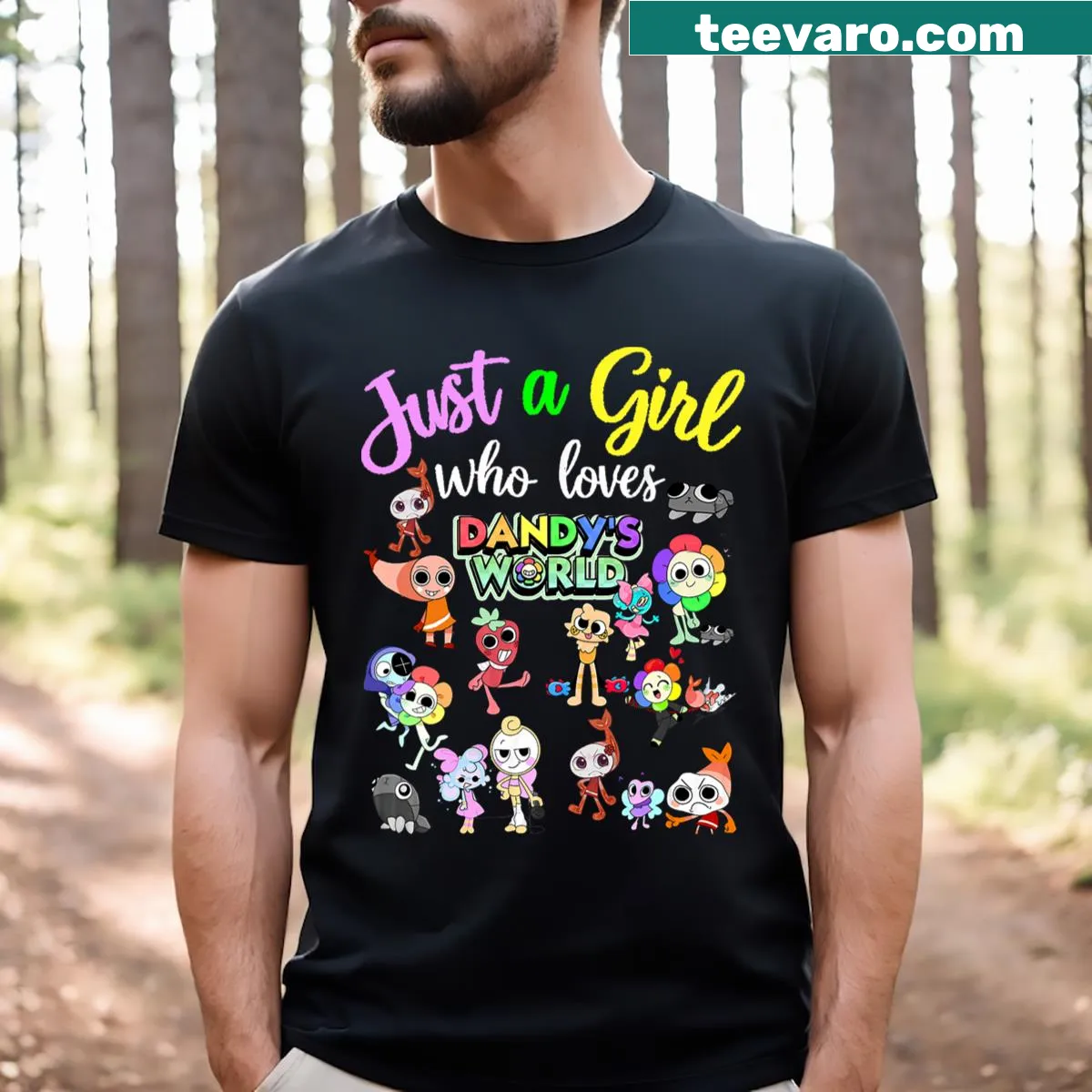 Cute T-shirt featuring whimsical characters from Dandy's World — on a men's t-shirt