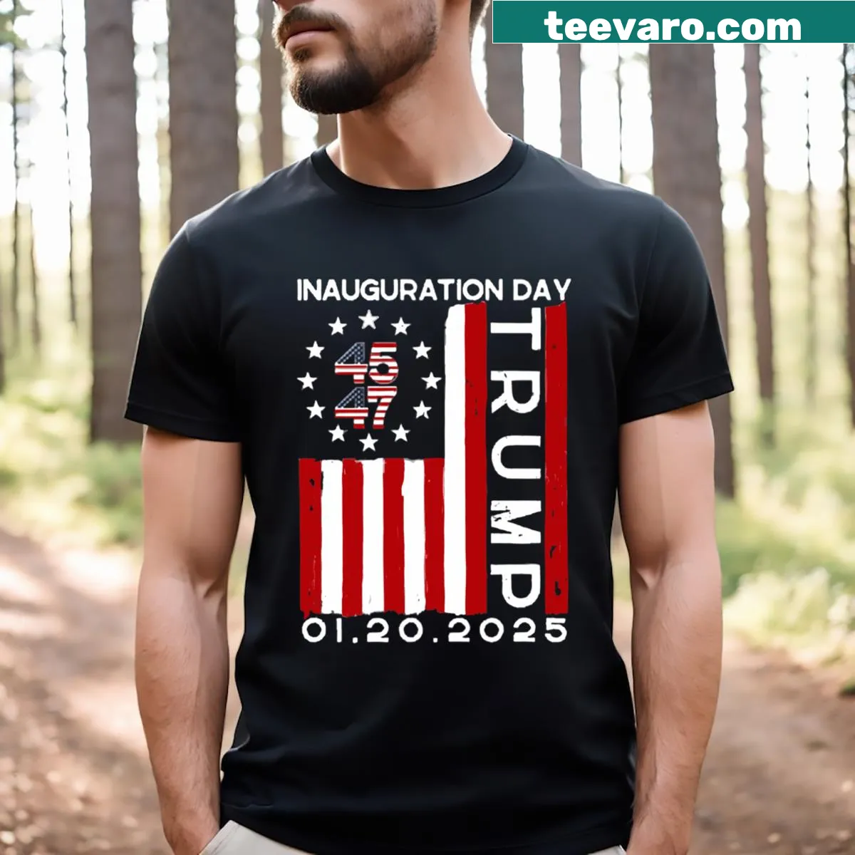 Donald Trump Inauguration Day t-shirt with U.S. flag and bold text — on a men's t-shirt