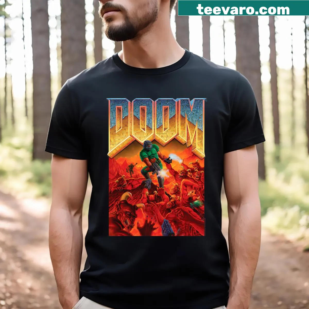T-shirt featuring original cover art from the 1993 video game Doom — on a men's t-shirt