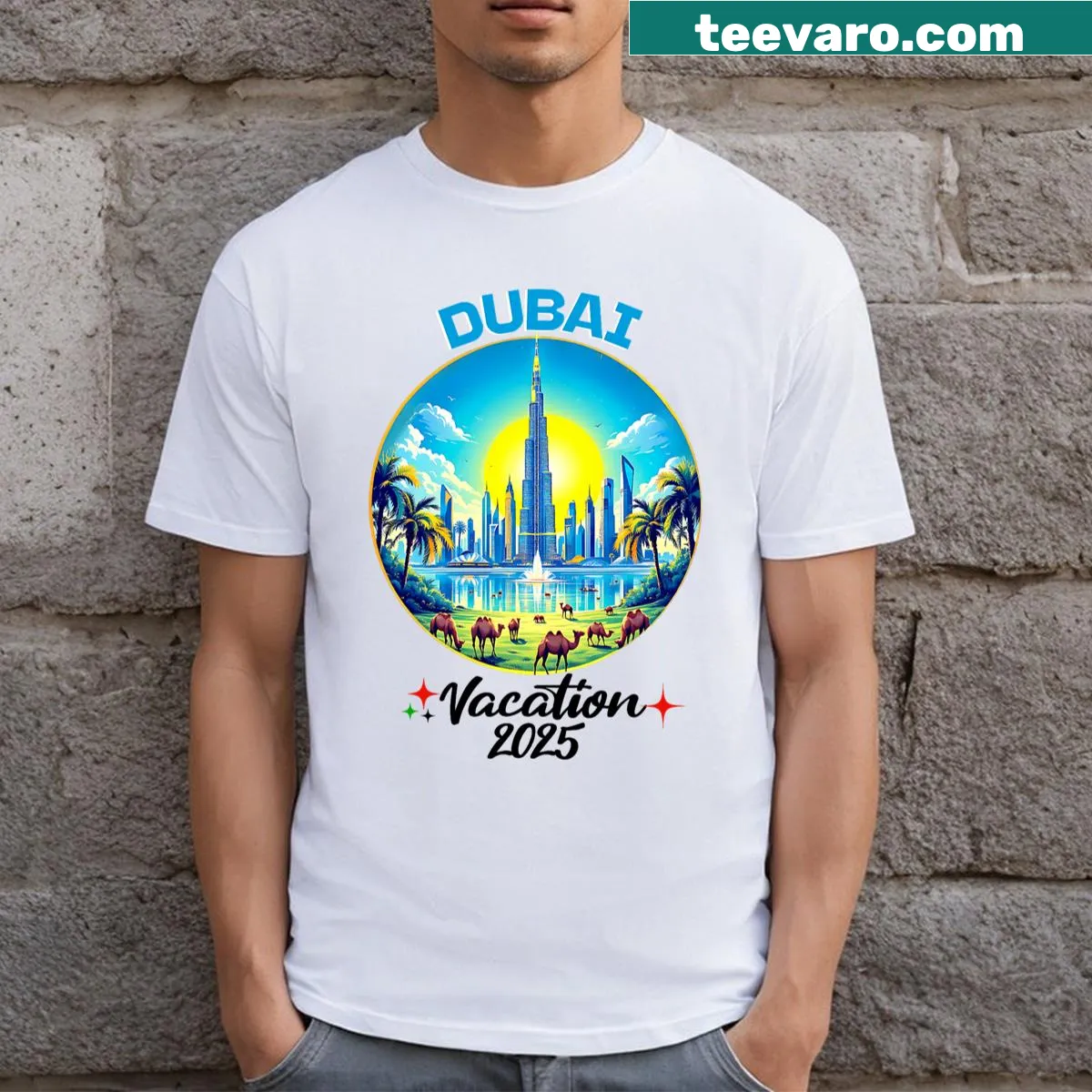 Graphic T-shirt depicting a Dubai travel adventure for families — on a men's t-shirt