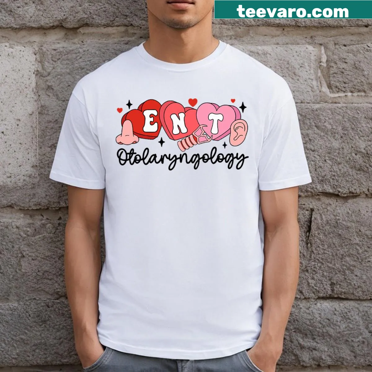 Whimsical t-shirt celebrating ENT nurses with Valentine-themed graphics. — on a men's t-shirt