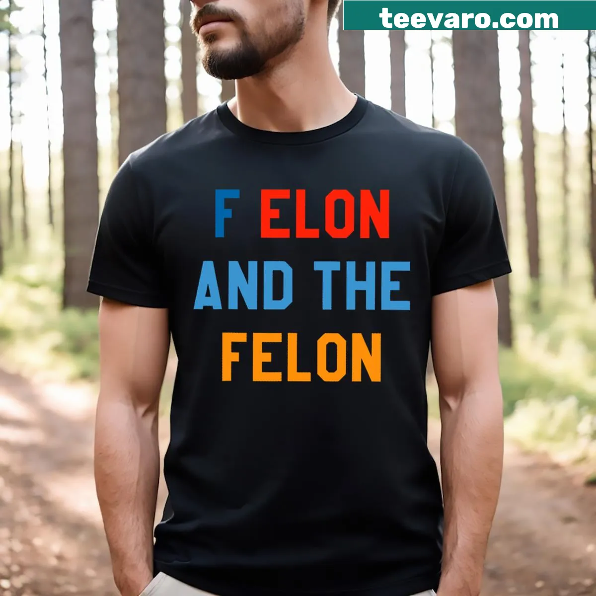 Witty graphic text T-shirt featuring Elon and a felon concept — on a men's t-shirt