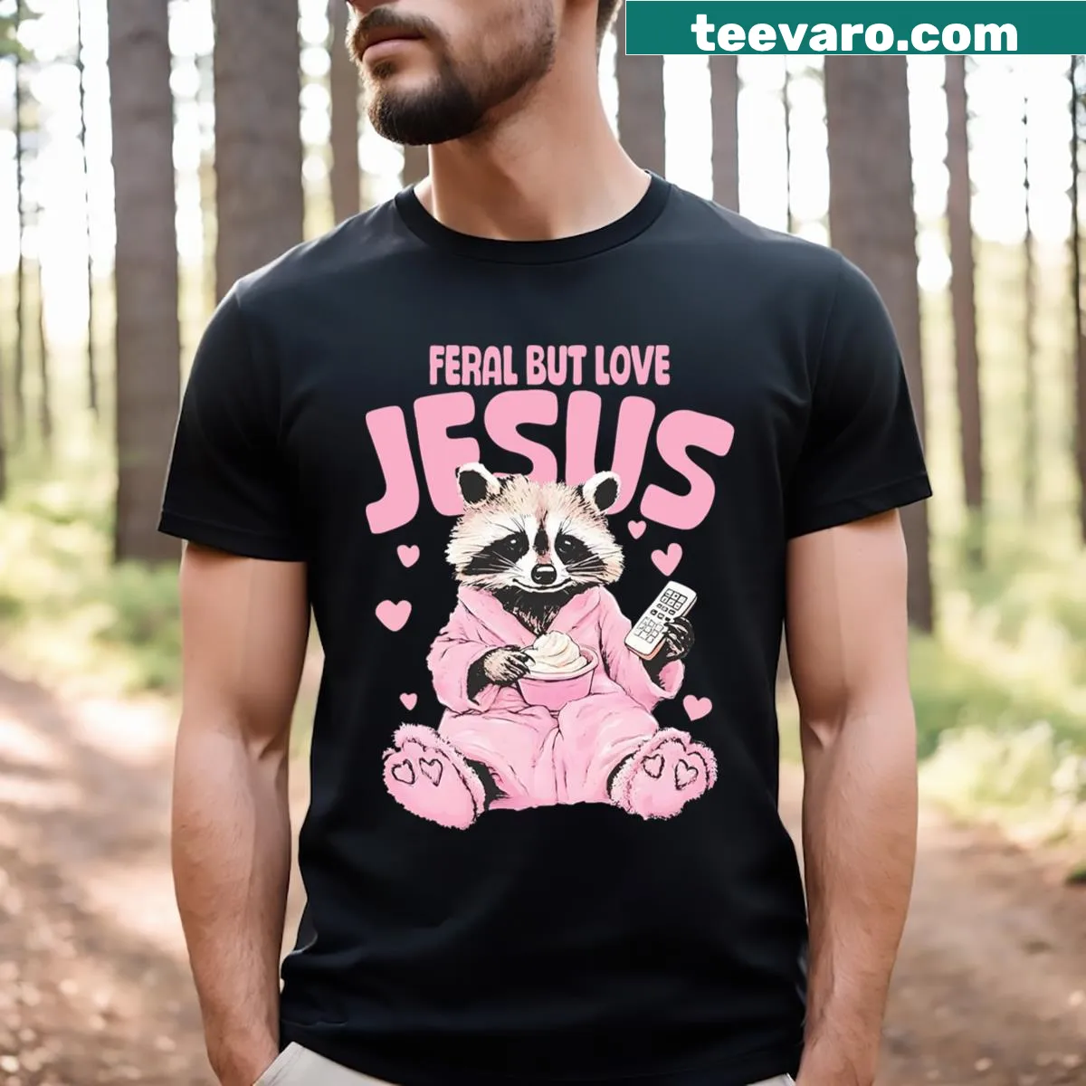 Illustrated T-shirt with raccoon graphic and Christian message — on a men's t-shirt