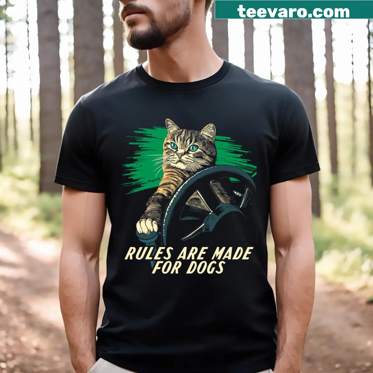 Text graphic on cat lover rules made for dogs t-shirt — on a men's t-shirt
