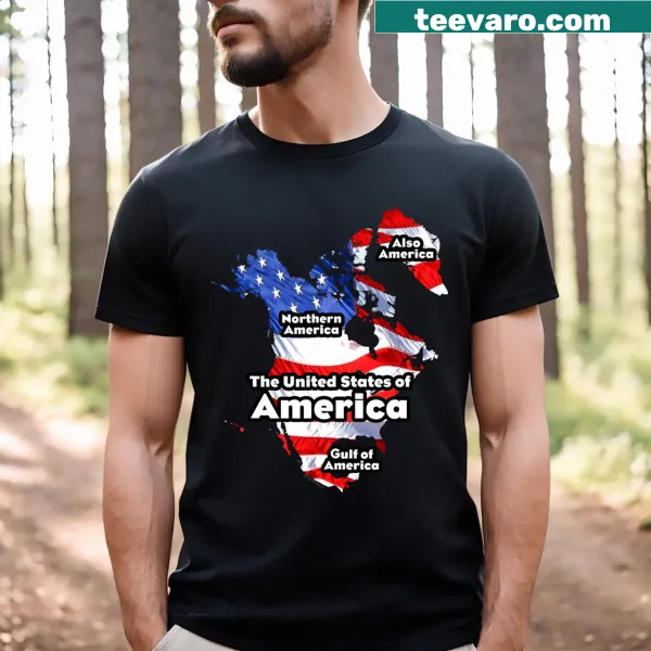 Funny T-shirt featuring Trump, American flag, and map graphics