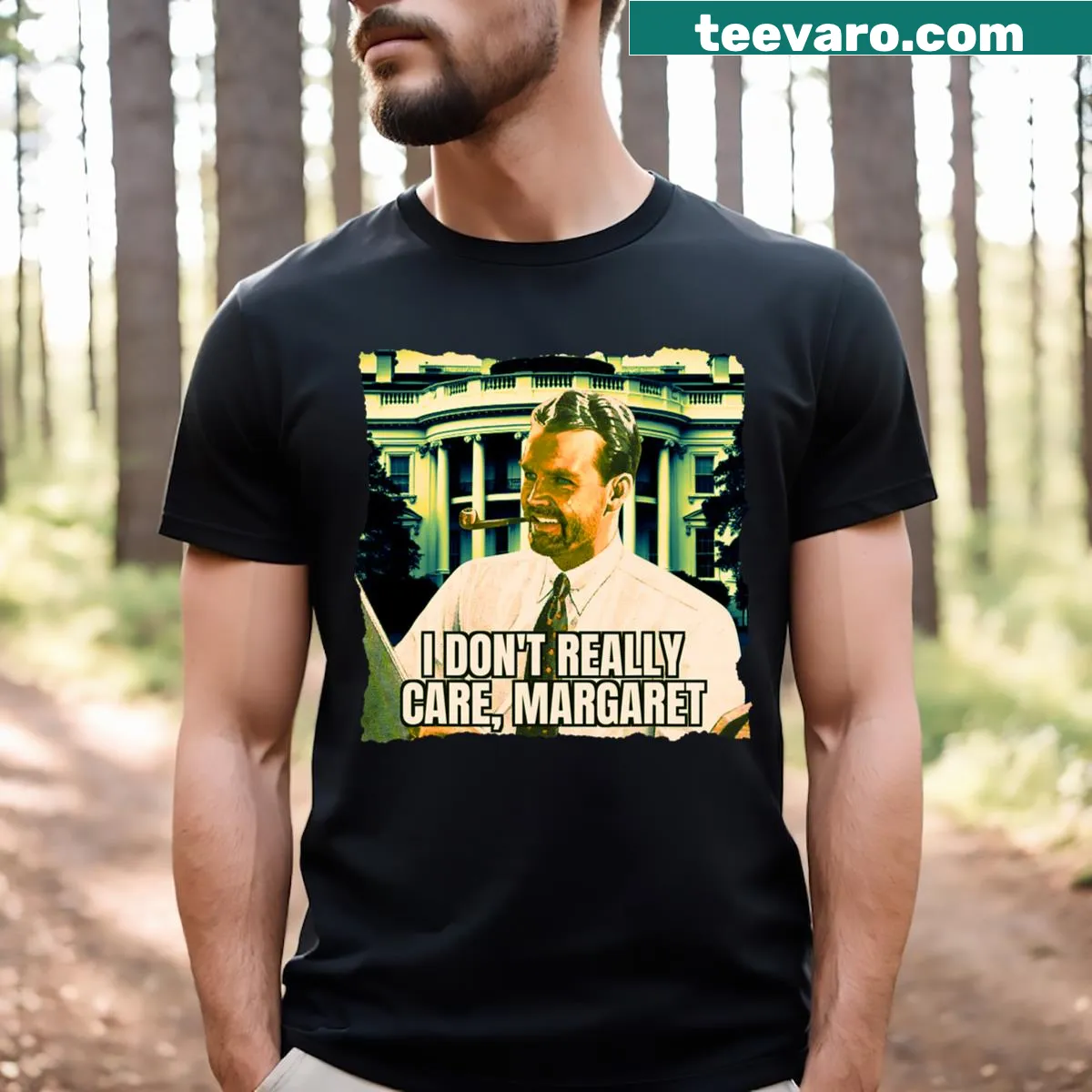 T-shirt featuring I Don't Really Care phrase in playful typography — on a men's t-shirt