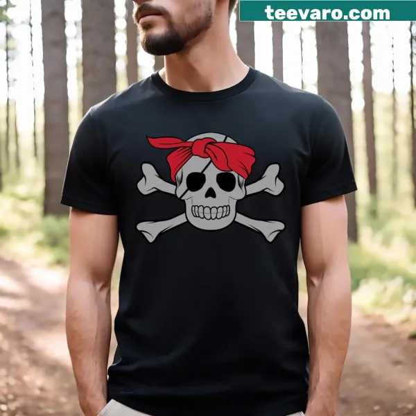 Pirate-themed shirt with Jolly Roger skull and bones graphic