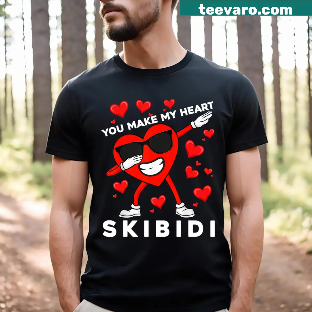 Valentine's T-shirt with 'You Make My Heart Skibidi' saying — on a men's t-shirt