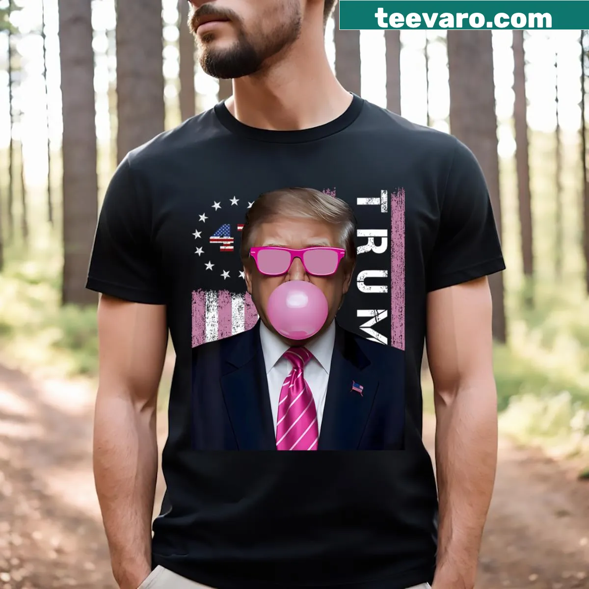 Bubble gum pink T-shirt with American flag design — on a men's t-shirt