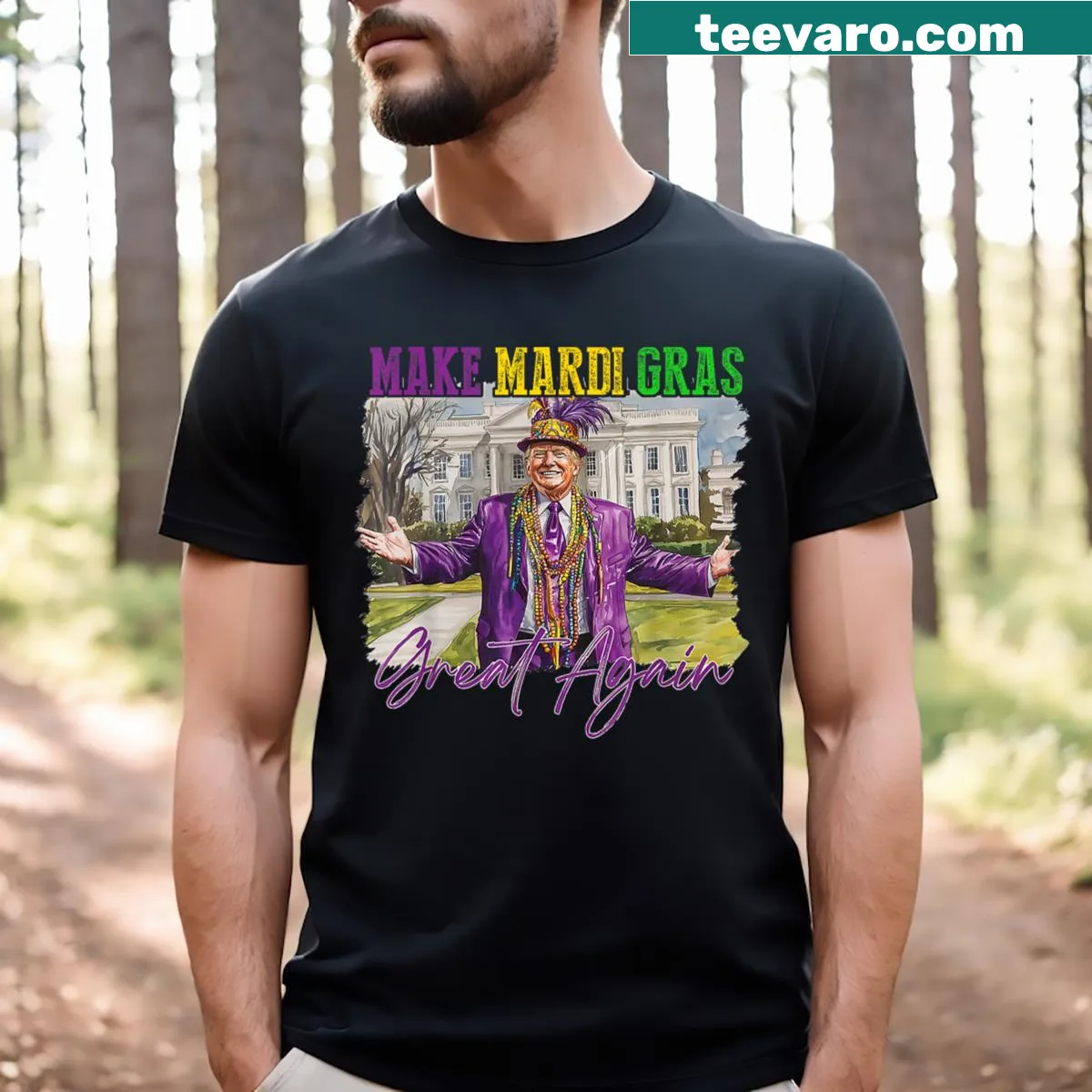T-shirt featuring Make Mardi Gras Great Again slogan with festive graphics — on a men's t-shirt